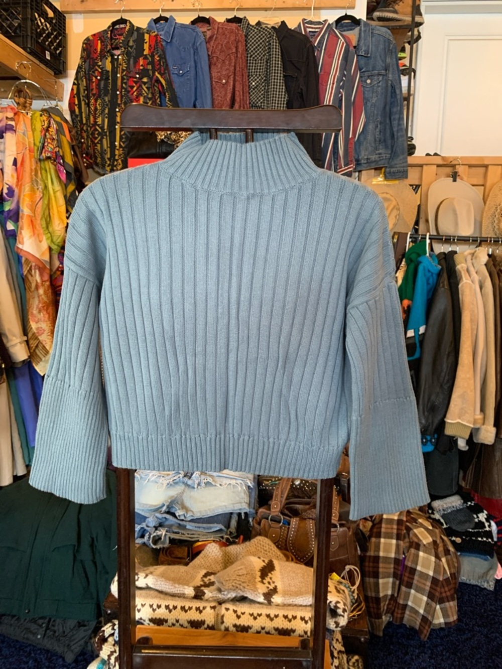 Cropped Ribbed Mock Neck Sweater - Blue